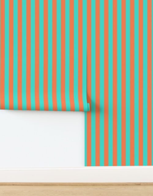 Bold Coastal Classic Coral and Turquoise Cabana Tent Stripe Wallpaper