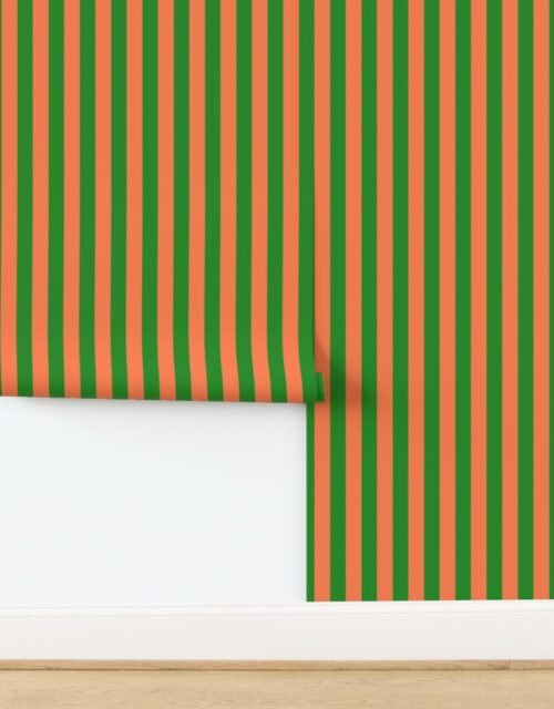 Bold Coastal Classic Coral and Forest Green Cabana Tent Stripe Wallpaper