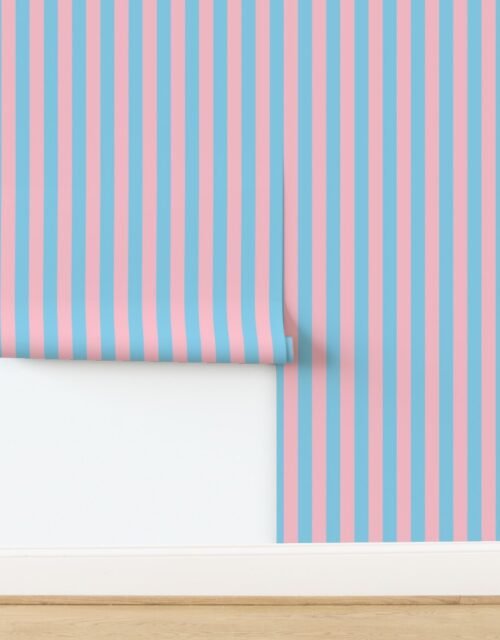 Bold Coastal Classic Pink and Sky Blue Cabana Tent Stripe Wallpaper