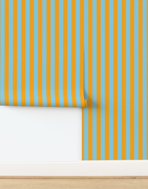 Bold Coastal Classic Sky Blue and Bright Orange Cabana Tent Stripe Wallpaper