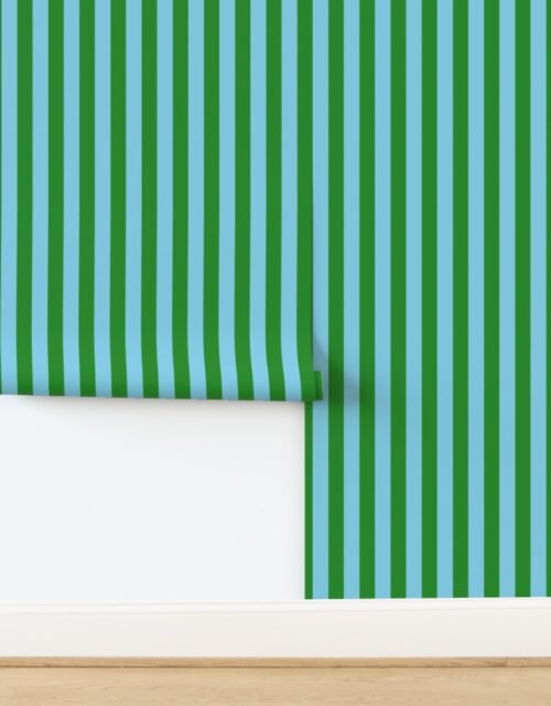Bold Coastal Classic Sky Blue and Forest Green Cabana Tent Stripe Wallpaper