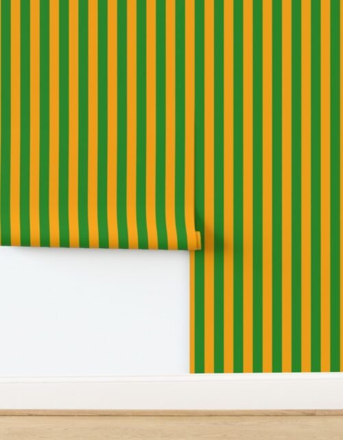 Bold Coastal Classic Bright Orange and Forest Green Cabana Tent Stripe Wallpaper