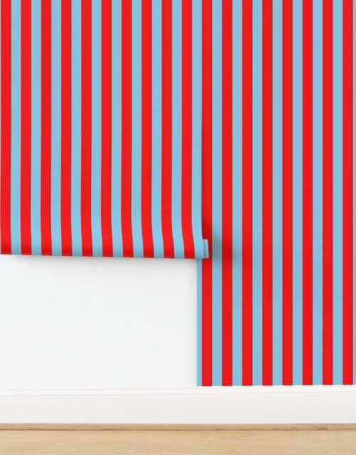 Bold Coastal Classic Red and Sky Blue Cabana Tent Stripe Wallpaper