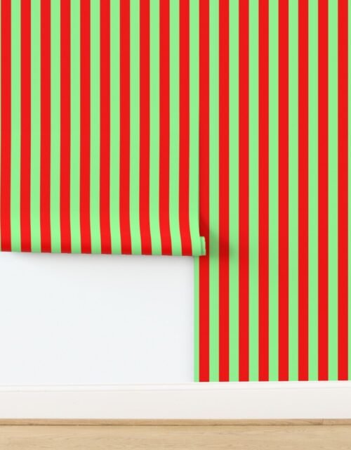 Bold Coastal Classic Red and Mint Green Cabana Tent Stripe Wallpaper