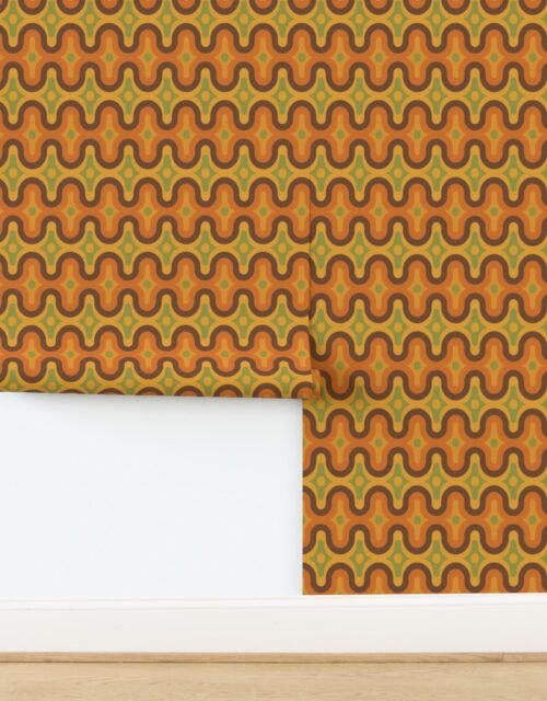 Geometric Waves in Burnt Orange and Avocado 70s Revival Wallpaper