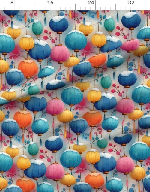 Fabric in Christmas Watercolor Lanterns in Snow with Festive Winter Glow