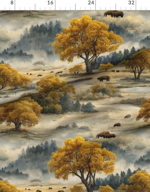 Fabric in Yellowstone National Park Autumn Watercolor Bison Landscape