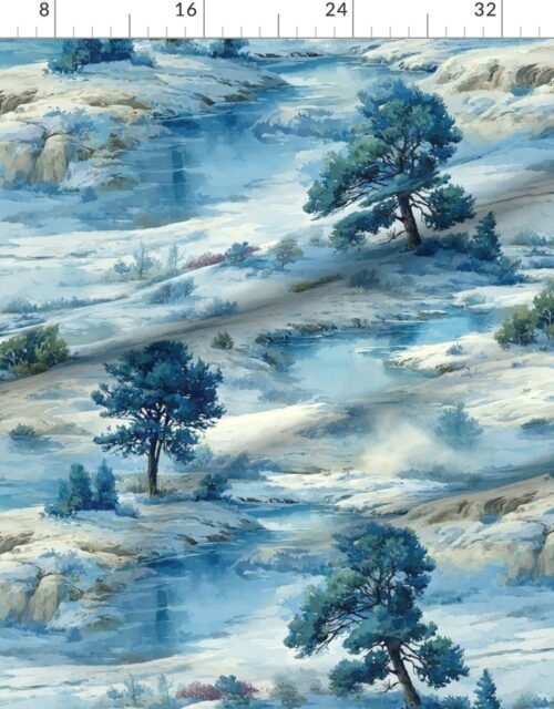 Fabric in Yellowstone National Park Winter Christmas Watercolor Landscape