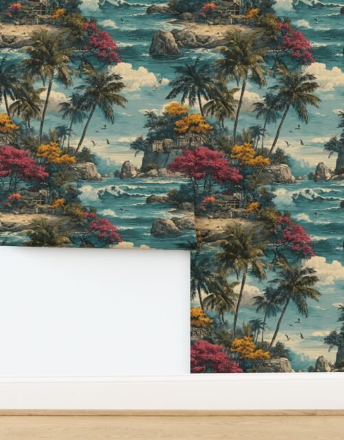 Vintage Hawaiian Tropical Watercolor Island Landscape with Palms and Ocean Wallpaper