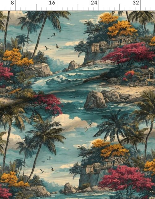 Fabric in Vintage Hawaiian Tropical Watercolor Island Landscape with Palms and Ocean