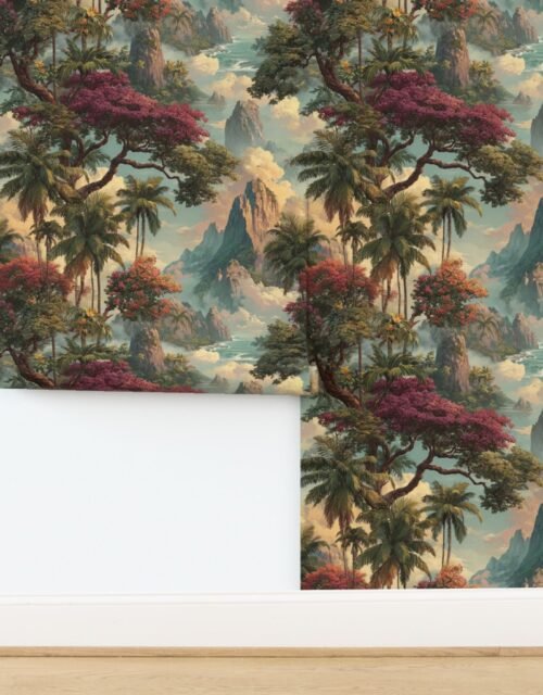 Vintage Hawaiian Watercolor Landscape with Misty Mountains and Palms Wallpaper