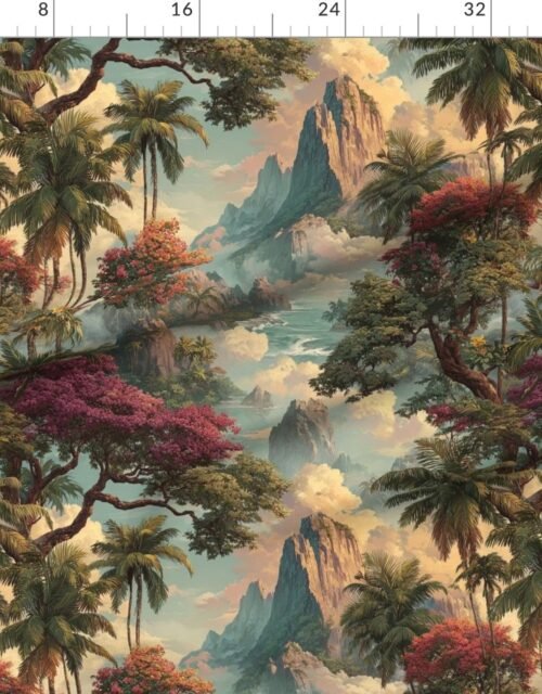 Fabric in Vintage Hawaiian Watercolor Landscape with Misty Mountains and Palms
