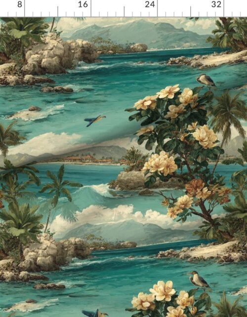 Fabric in Vintage Hawaiian Watercolor Shoreline with Tropical Flowers and Rolling Wav