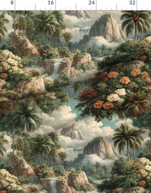 Fabric in Vintage Hawaiian Watercolor Tropical Landscape with Waterfalls and Palm Val