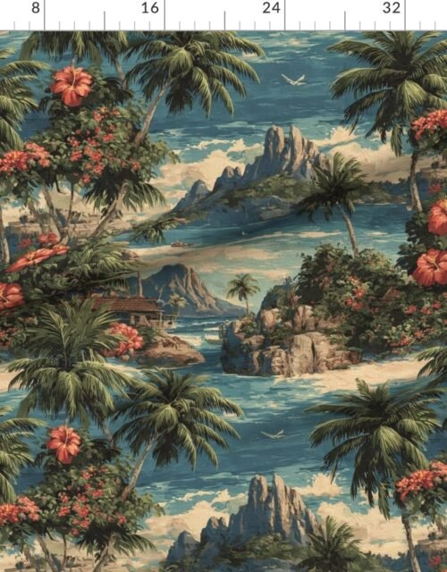 Fabric in Vintage Hawaiian Watercolor Scenic Landscape with Hibiscus Flowers