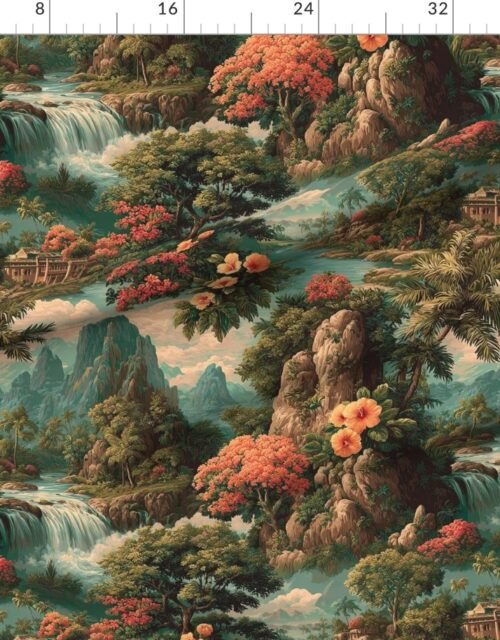 Fabric in Vintage Hawaiian Watercolor Landscape with Waterfalls and Hibiscus Valleys