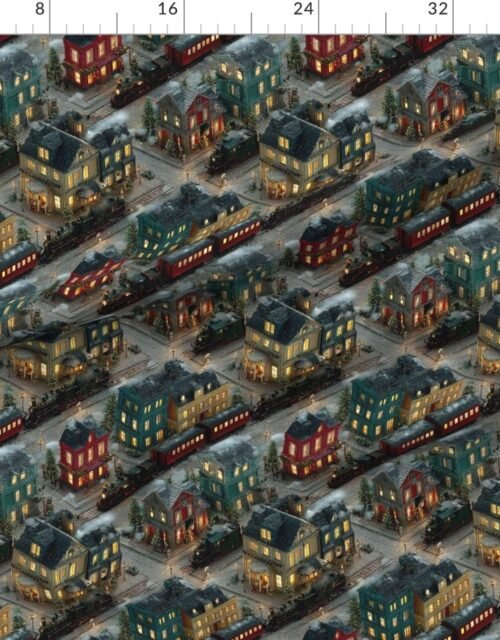 Fabric in Isometric Snowy Christmas Village with Festive Trains and Townhouses