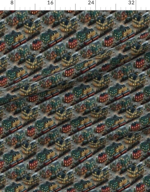 Fabric in Small Isometric Snowy Christmas Village with Festive Trains and Townhouses