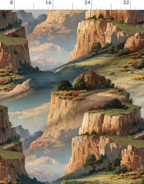 Fabric in Spring Blossoms Over the Grand Canyon Watercolor Landscape