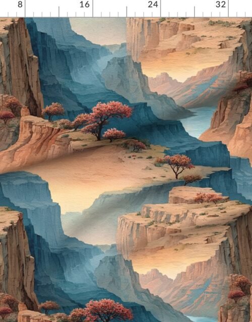 Fabric in Spring Blossoms Over the Grand Canyon Watercolor Landscape