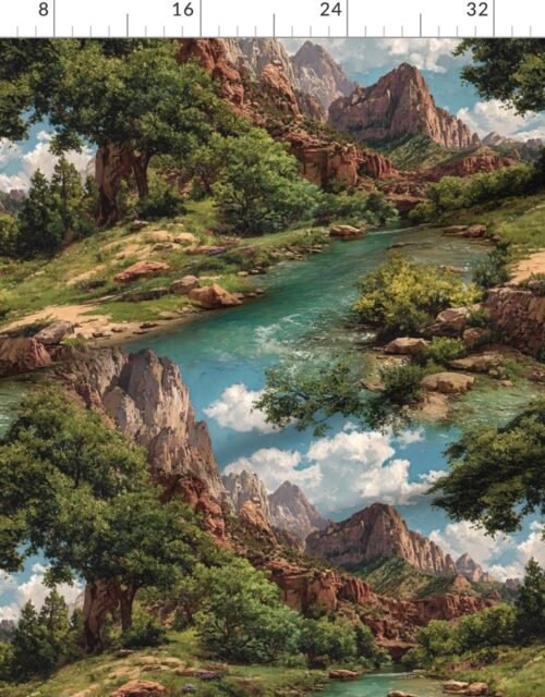 Fabric in Spring Panorama of Zion Canyon Watercolor Landscape