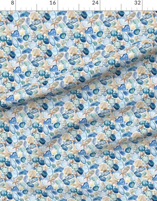 Fabric in Watercolor Sea Glass Shells and Starfish Coastal Pattern in Ocean Blue