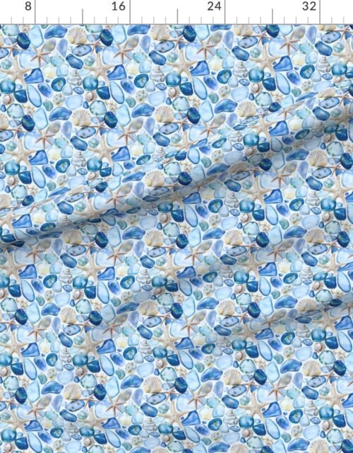 Fabric in Watercolor Sea Glass Shells and Starfish Coastal Pattern in Seafoam Aqua