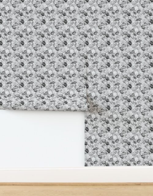 Watercolor Sea Glass Shells and Starfish Coastal Pattern in Black and White Wallpaper