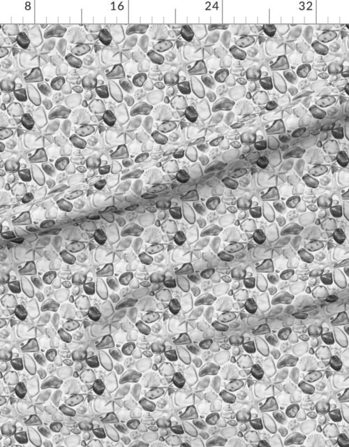 Fabric in Watercolor Sea Glass Shells and Starfish Coastal Pattern in Black and White