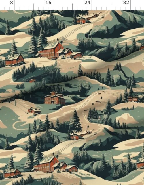 Fabric in Vintage Alpine Ski Village in Deep Blue Tones