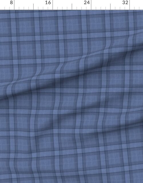 Fabric in Denim Blue and Steel Gray Wool Texture Small Scale Tartan Plaid