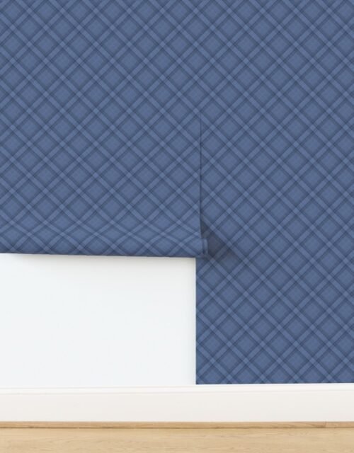 Denim Blue and Steel Gray Wool Texture Small Diagonal Tartan Plaid Wallpaper