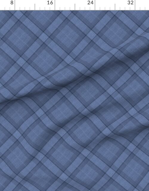 Fabric in Denim Blue and Steel Gray Wool Texture Diagonal Tartan Plaid