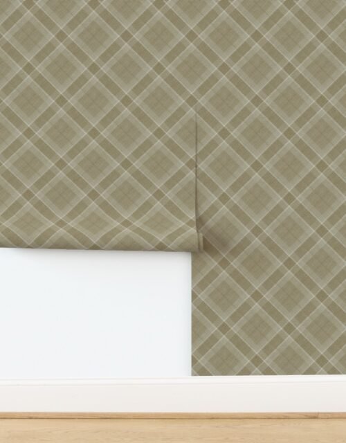 Soft Oat and Warm Linen Wool Texture Diagonal Tartan Plaid Wallpaper