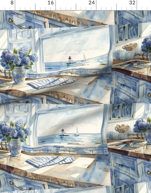 Fabric in New England Coastal Kitchen Watercolor with Lighthouse View