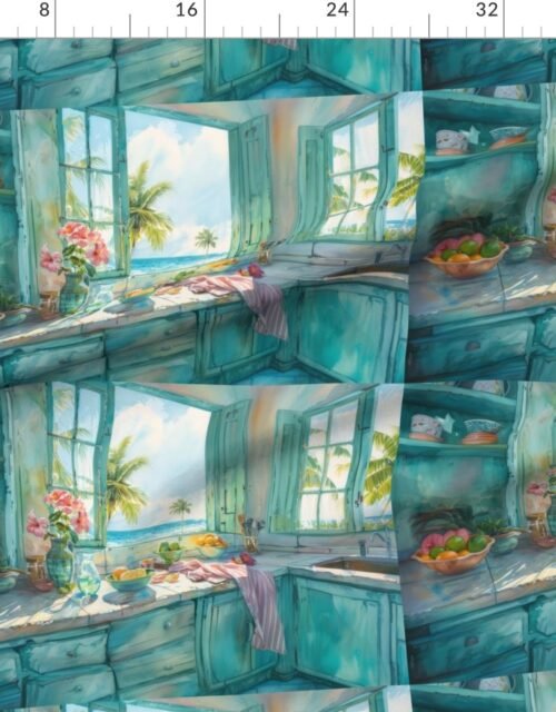 Fabric in Miami Tropical Kitchen Watercolor with Palm and Ocean View