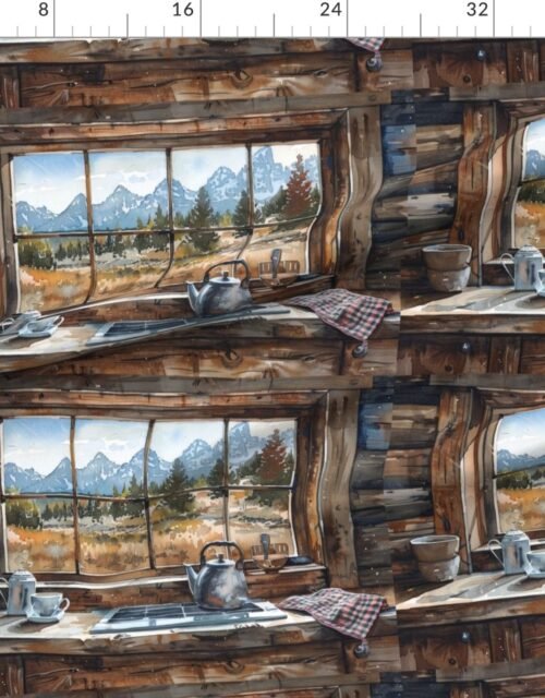 Fabric in Wyoming Log Cabin Kitchen Interior Watercolor Painting