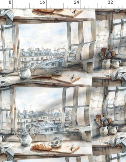 Fabric in Paris Apartment Kitchen Watercolor with Rooftop View