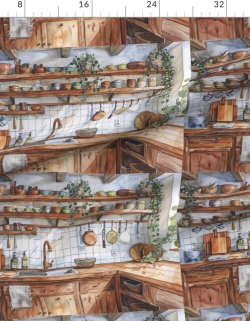 Fabric in Boho Kitchen Interior Watercolor with Open Shelves and Wood Cabinetry