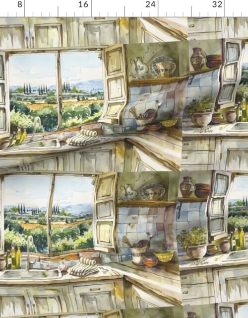 Fabric in Provence Country Kitchen Watercolor with Countryside View
