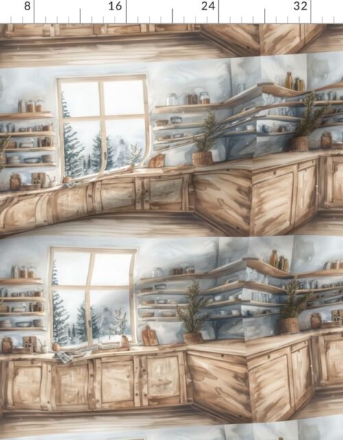 Fabric in Scandinavian Winter Kitchen Watercolor with Snowy Forest View