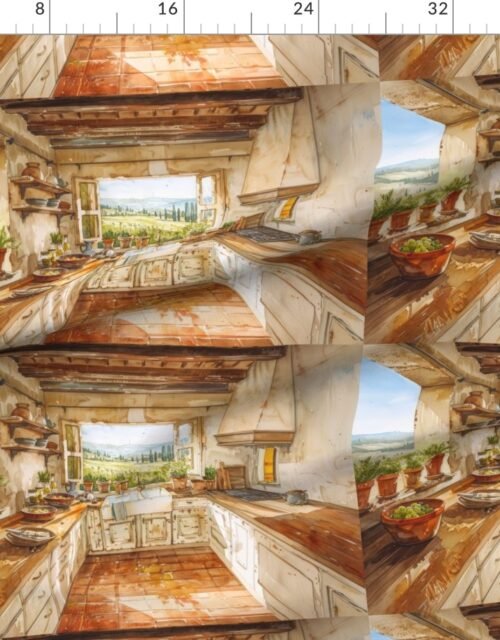Fabric in Tuscan Countryside Kitchen with Sunlit Farmhouse Sink Watercolor