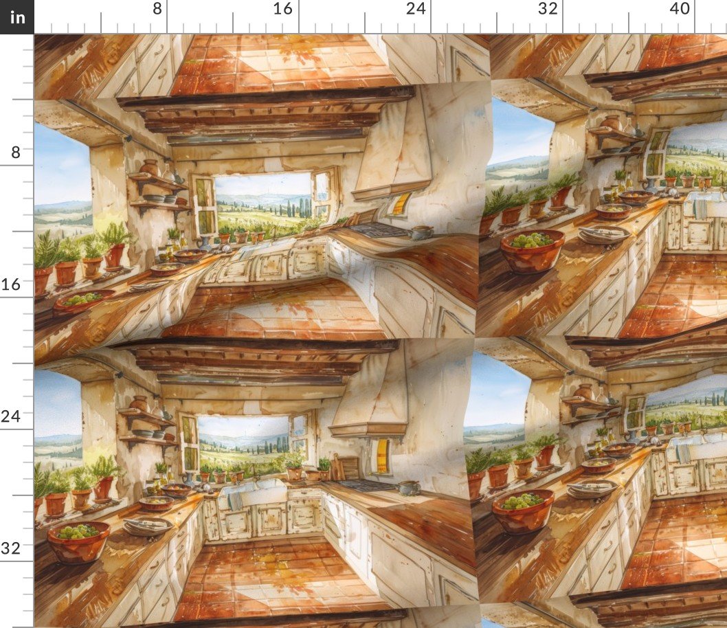 Fabric in Tuscan Countryside Kitchen with Sunlit Farmhouse Sink Watercolor Fabric in Tuscan Countryside Kitchen with Sunlit Farmhouse Sink Watercolor