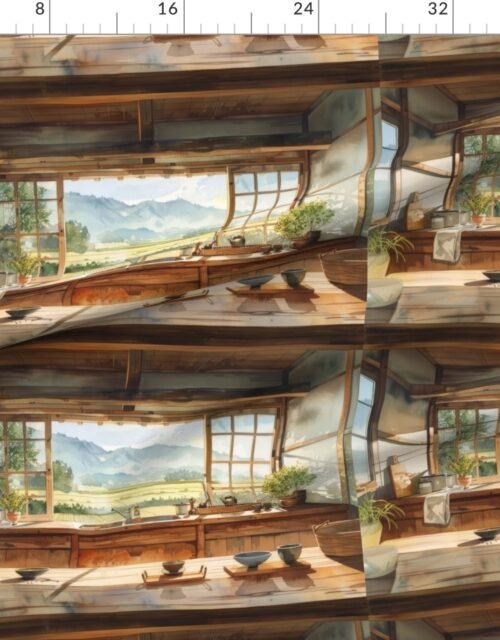 Fabric in Japanese Countryside Kitchen with Rice Field View Watercolor
