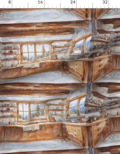 Fabric in Alpine Chalet Kitchen with Snowy Mountain View Watercolor