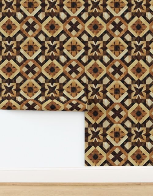Geometric Marquetry Wood Inlay Pattern in Rich Dark Wood Tones Wallpaper