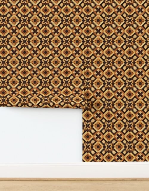 Small Geometric Marquetry Wood Inlay Pattern in Warm Natural Tones Wallpaper