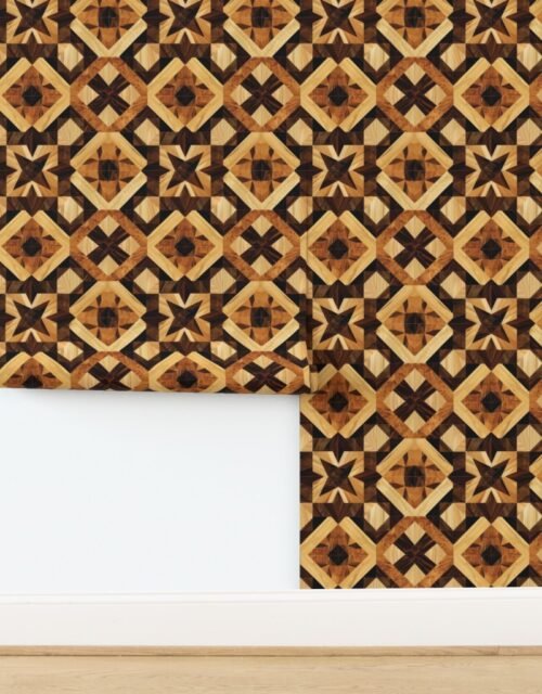 Geometric Marquetry Wood Inlay Pattern in Warm Natural Tones Wallpaper