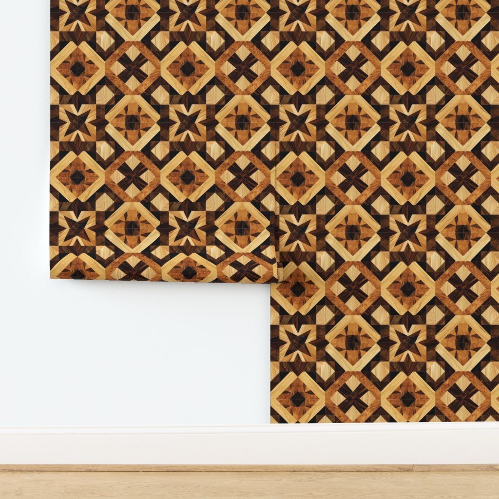 Geometric Marquetry Wood Inlay Pattern in Warm Natural Tones Wallpaper Geometric Marquetry Wood Inlay Pattern in Warm Natural Tones Wallpaper