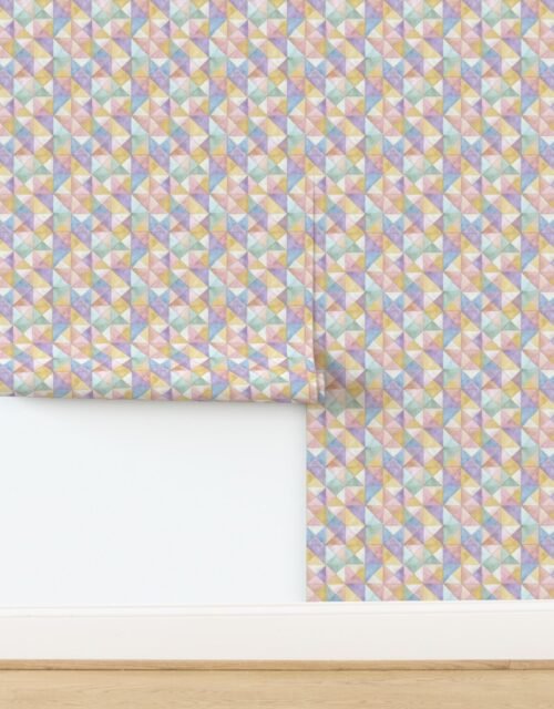 Soft Watercolor Quilted Patchwork Triangles Butter Yellow Lavender and Sage Wallpaper